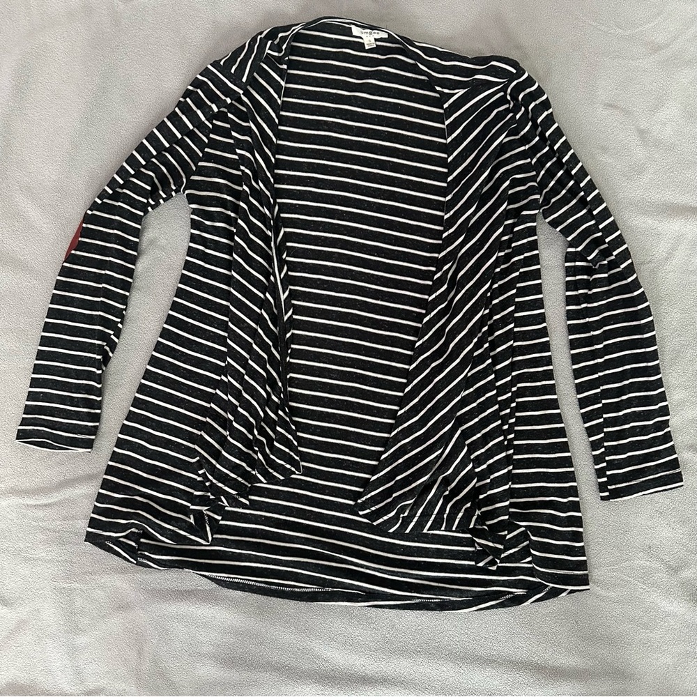 Umgee Charcoal Gray &White Striped Cardigan With Patch Detail On Elbows